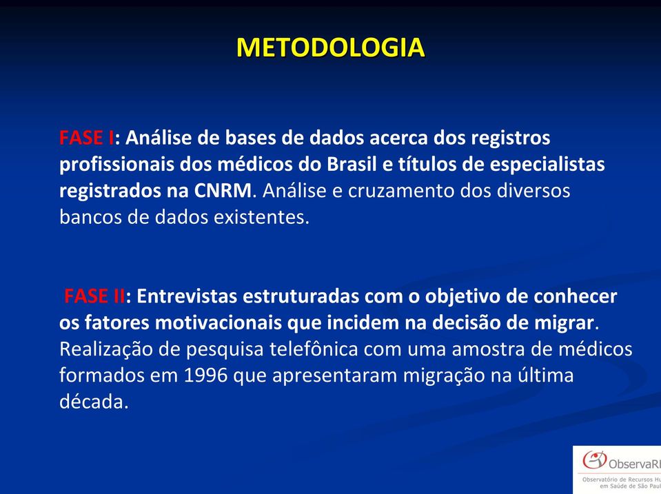 FASE II: Entrevistas estruturadas com o objetivo de conhecer os fatores motivacionais que incidem na decisão de