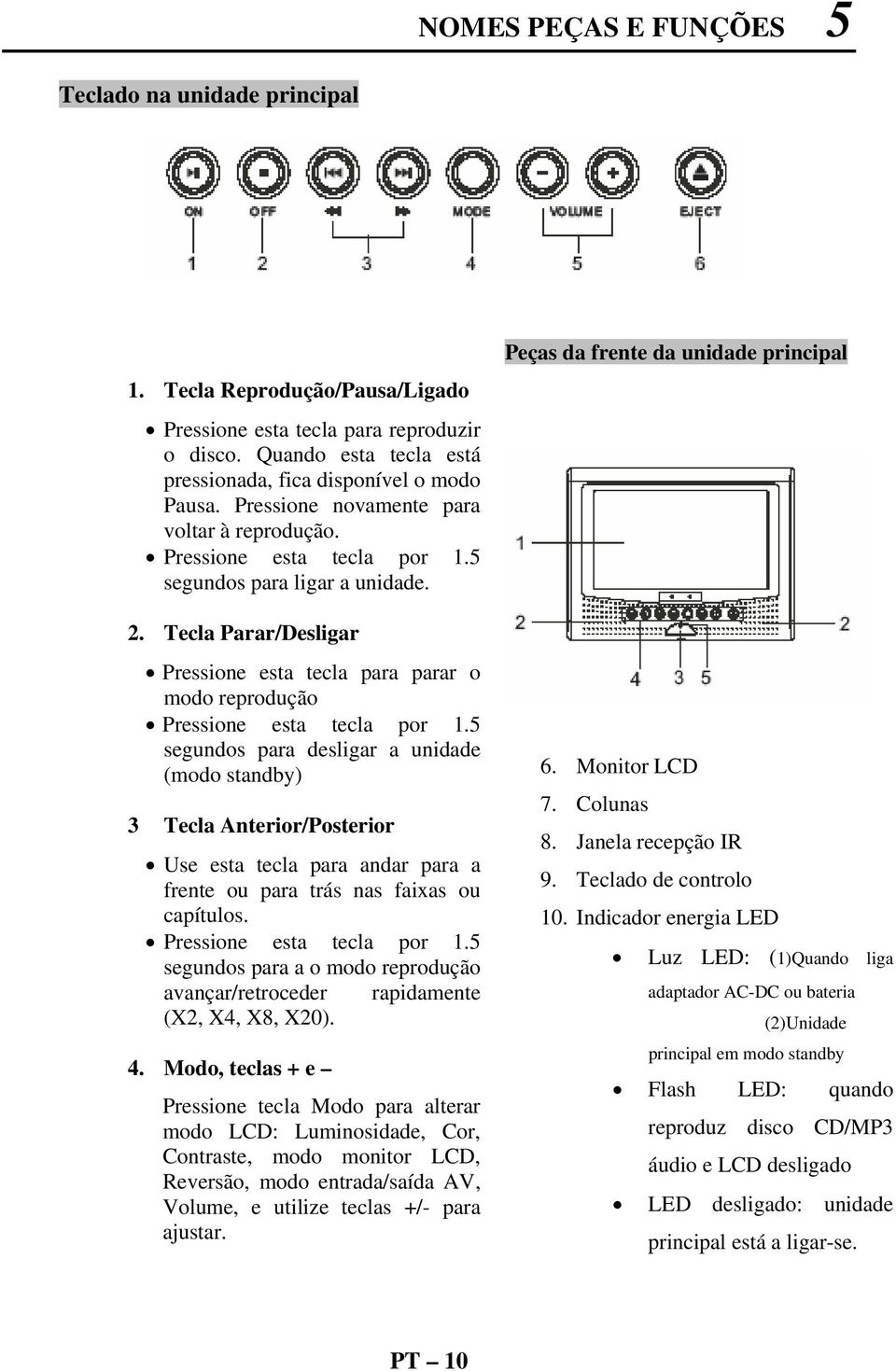 Tecla Parar/Desligar Pressione esta tecla para parar o modo reprodução Pressione esta tecla por 1.