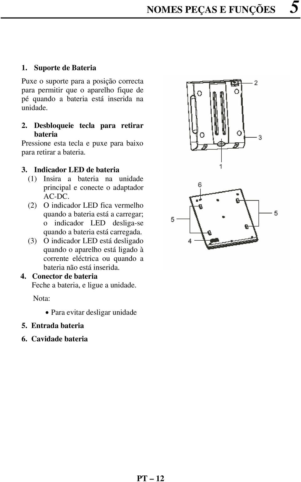 Indicador LED de bateria (1) Insira a bateria na unidade principal e conecte o adaptador AC-DC.