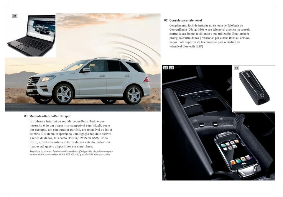 Para suportes de telemóveis e para o módulo de telemóvel Bluetooth (SAP) 02 03 04 01 Mercedes-Benz InCar Hotspot Introduza a internet ao seu Mercedes-Benz.