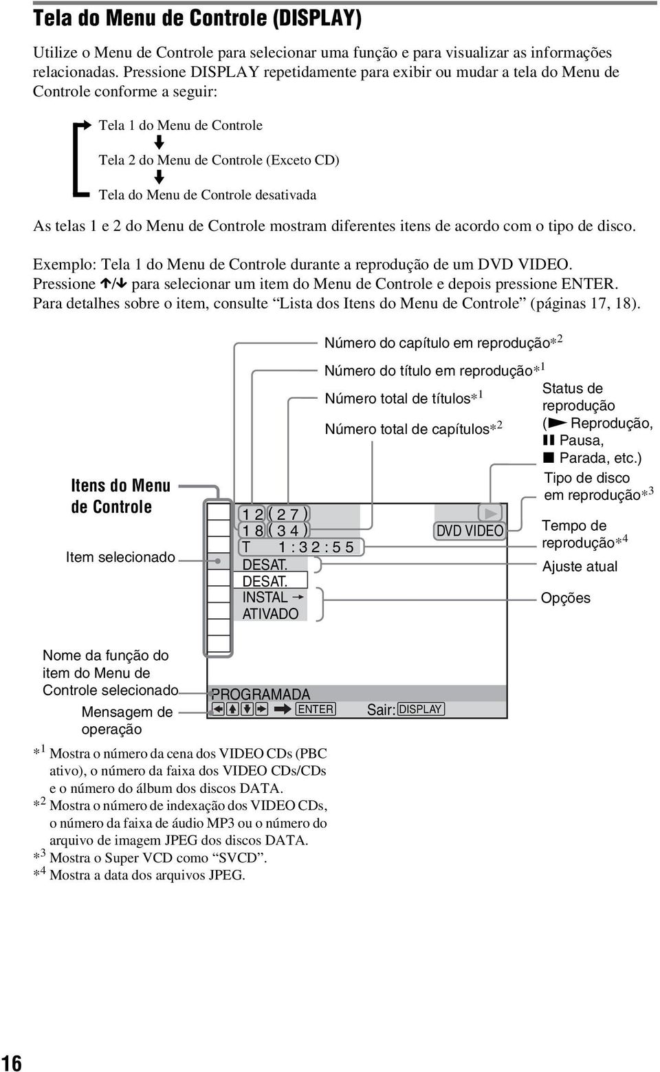 desativada As telas 1 e 2 do Menu de Controle mostram diferentes itens de acordo com o tipo de disco. Exemplo: Tela 1 do Menu de Controle durante a reprodução de um DVD VIDEO.