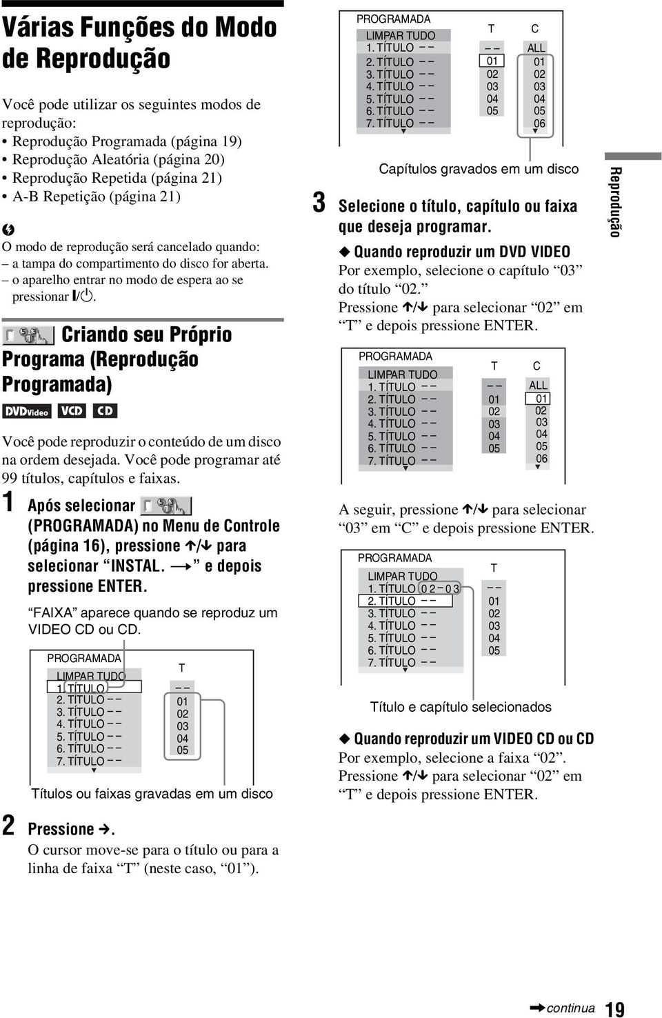 Criando seu Próprio Programa (Reprodução Programada) Você pode reproduzir o conteúdo de um disco na ordem desejada. Você pode programar até 99 títulos, capítulos e faixas.