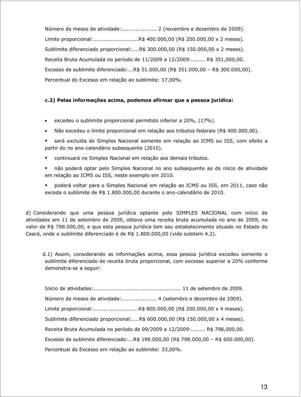 Percentual do Excesso em relação ao sublimite: 17,00%. c.2) Pelas informações acima, podemos afirmar que a pessoa jurídica: excedeu o sublimite proporcional permitido inferior a 20%, (17%).