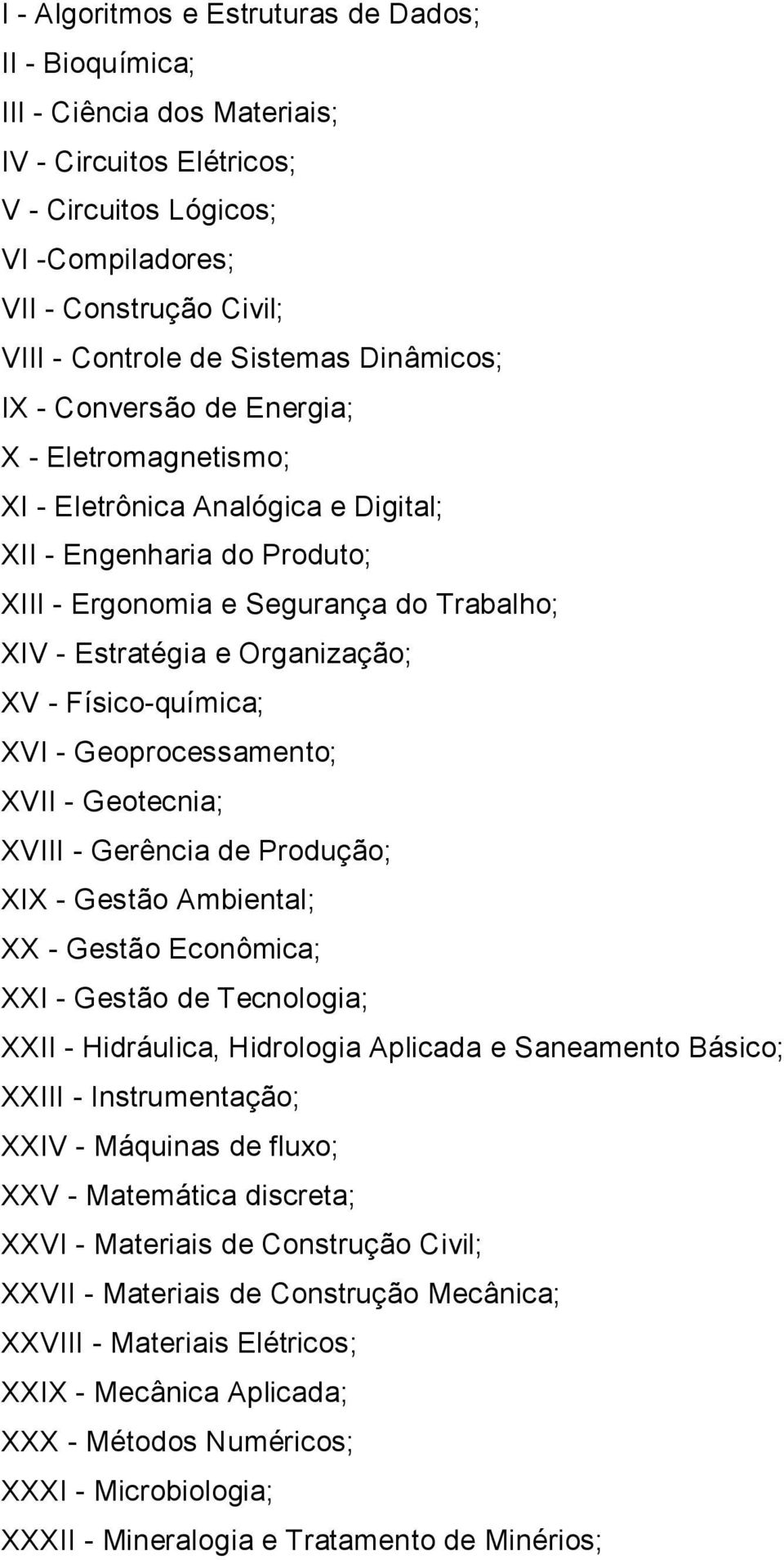 Organização; XV - Físico-química; XVI - Geoprocessamento; XVII - Geotecnia; XVIII - Gerência de Produção; XIX - Gestão Ambiental; XX - Gestão Econômica; XXI - Gestão de Tecnologia; XXII - Hidráulica,