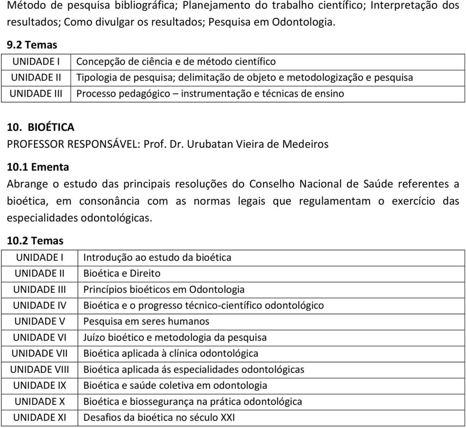 BIOÉTICA PROFESSOR RESPONSÁVEL: Prof. Dr. Urubatan Vieira de Medeiros 10.
