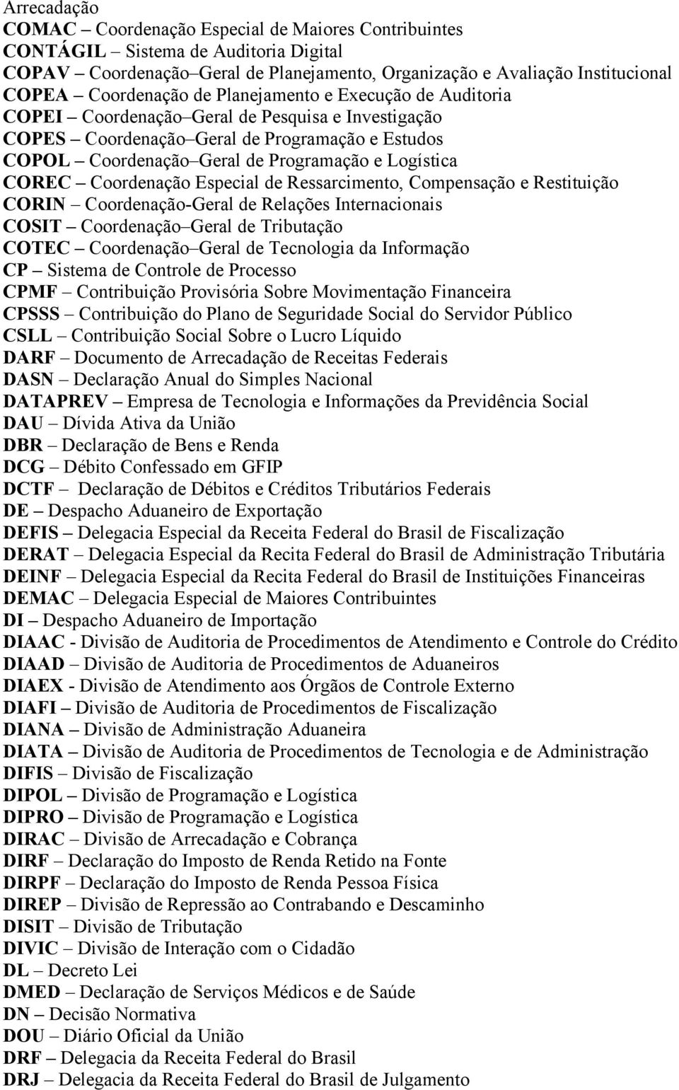 Coordenação Especial de Ressarcimento, Compensação e Restituição CORIN Coordenação-Geral de Relações Internacionais COSIT Coordenação Geral de Tributação COTEC Coordenação Geral de Tecnologia da