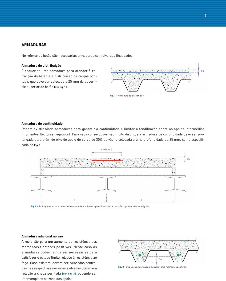 Armadura de continuidade Podem existir ainda armaduras para garantir a continuidade e limitar a fendilhação sobre os apoios intermédios (momentos flectores negativos).