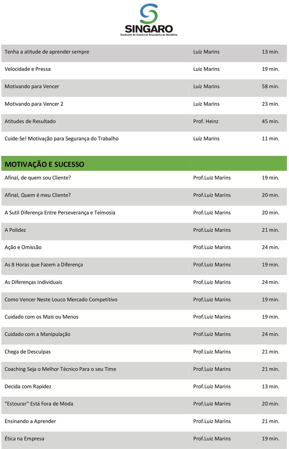 Afinal, Quem é meu Cliente? Prof.Luiz Marins 20 min. A Sutil Diferença Entre Perseverança e Teimosia Prof.Luiz Marins 20 min. A Polidez Prof.Luiz Marins 21 min. Ação e Omissão Prof.Luiz Marins 24 min.