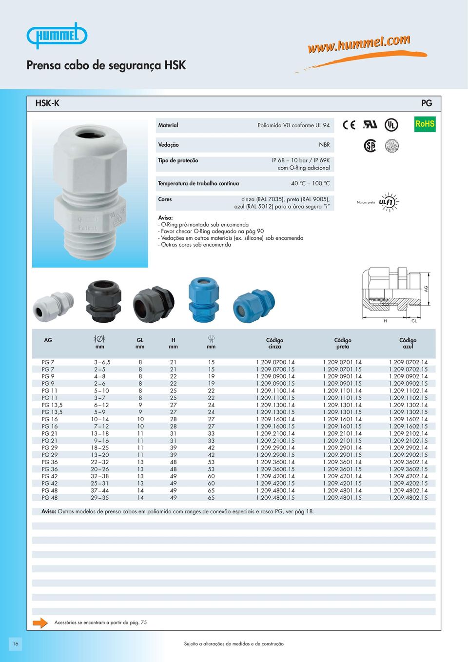 silicone) sob encomenda - Outras cores sob encomenda Código Código Código mm mm mm mm cinza preta azul PG 7 3 6,5 8 21 15 1.209.0700.14 1.209.0701.14 1.209.0702.14 PG 7 2 5 8 21 15 1.209.0700.15 1.209.0701.15 1.209.0702.15 PG 9 4 8 8 22 19 1.