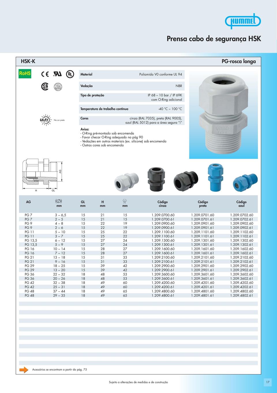 silicone) sob encomenda - Outras cores sob encomenda Código Código Código mm mm mm mm cinza preta azul PG 7 3 6,5 15 21 15 1.209.0700.60 1.209.0701.60 1.209.0702.60 PG 7 2 5 15 21 15 1.209.0700.61 1.