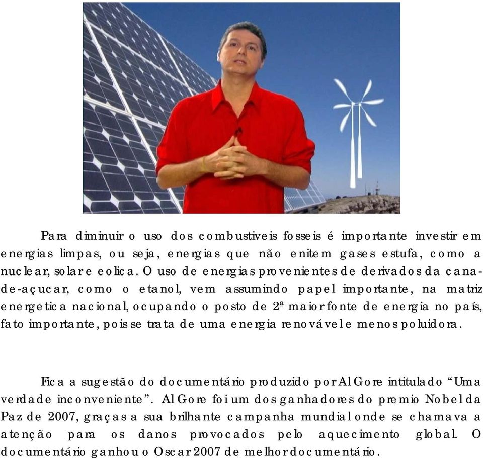 país, fato importante, pois se trata de uma energia renovável e menos poluidora. Fica a sugestão do documentário produzido por Al Gore intitulado Uma verdade inconveniente.