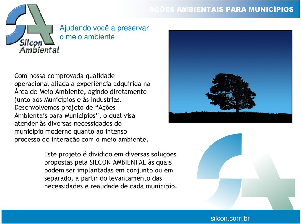 Desenvolvemos projeto de Ações Ambientais para Municípios, o qual visa atender às diversas necessidades do município moderno quanto ao