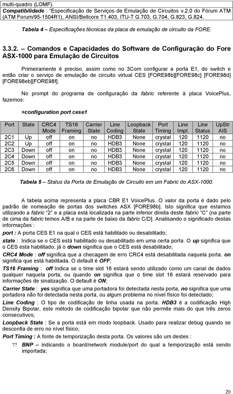 Comandos e Capacidades do Software de Configuração do Fore ASX-1000 para Emulação de Circuitos Primeiramente é preciso, assim como no 3Com configurar a porta E1, do switch e então criar o serviço de