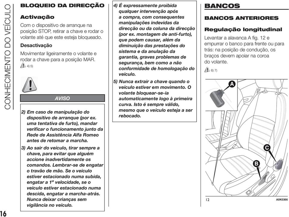 uma tentativa de furto), mandar verificar o funcionamento junto da Rede de Assistência Alfa Romeo antes de retomar a marcha.