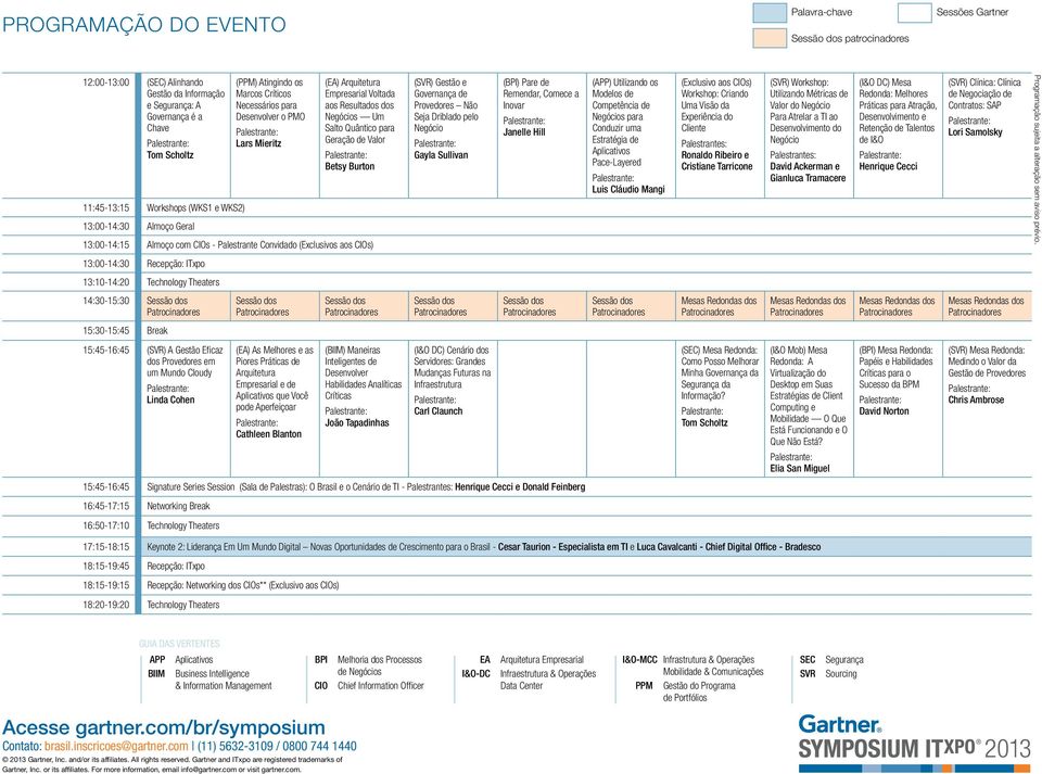 Recepção: ITxpo 13:10-14:20 Technology Theaters 14:30-15:30 15:30-15:45 Break 15:45-16:45 () A Gestão Eficaz dos Provedores em um Mundo Cloudy Linda Cohen () As Melhores e as Piores Práticas de