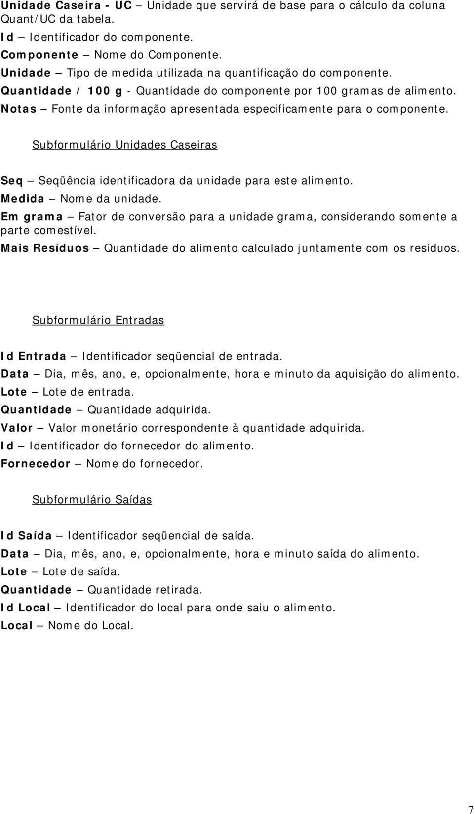 Notas Fonte da informação apresentada especificamente para o componente. Subformulário Unidades Caseiras Seq Seqüência identificadora da unidade para este alimento. Medida Nome da unidade.