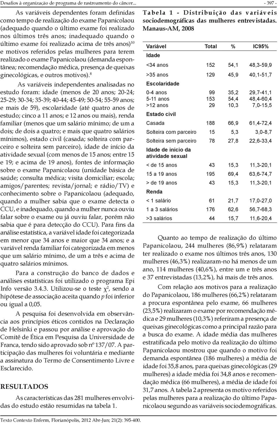 realizado acima de três anos) 10 e motivos referidos pelas mulheres para terem realizado o exame Papanicolaou (demanda espontânea; recomendação médica, presença de queixas ginecológicas, e outros