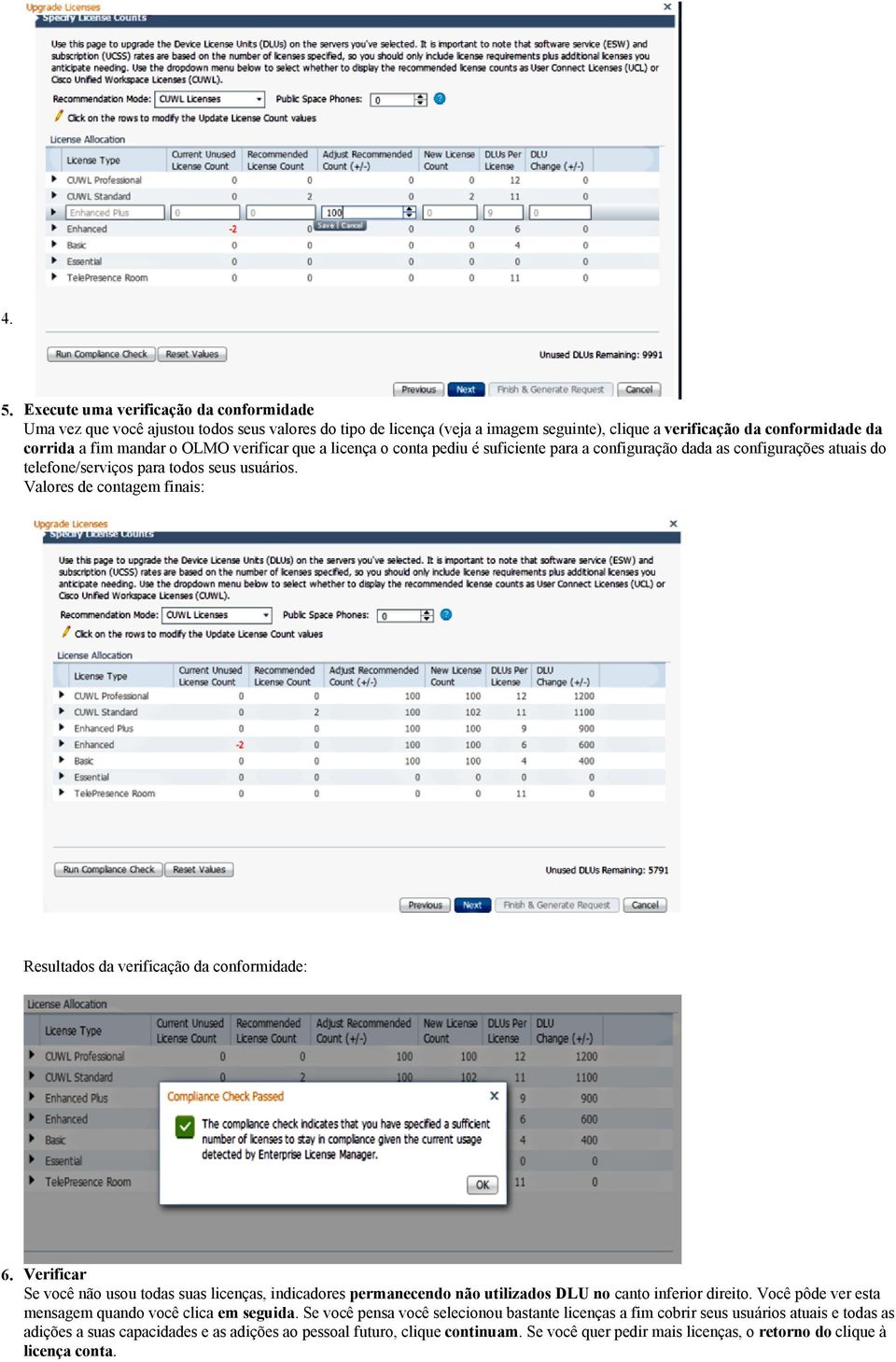 Valores de contagem finais: Resultados da verificação da conformidade: 6. Verificar Se você não usou todas suas licenças, indicadores permanecendo não utilizados DLU no canto inferior direito.