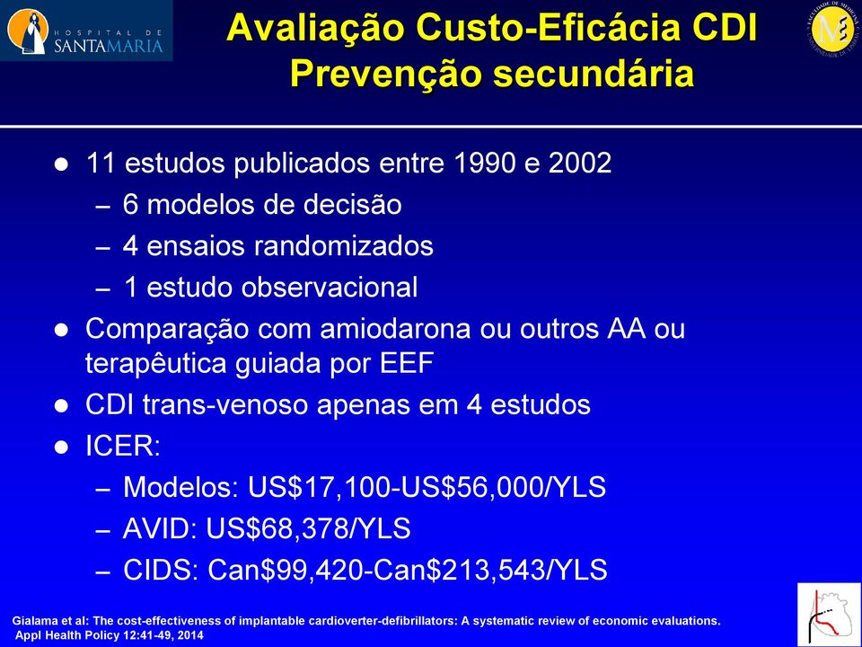 em 4 estudos ICER: Modelos: US$17,100-US$56,000/YLS AVID: US$68,378/YLS CIDS: Can$99,420-Can$213,543/YLS Gialama et al: The