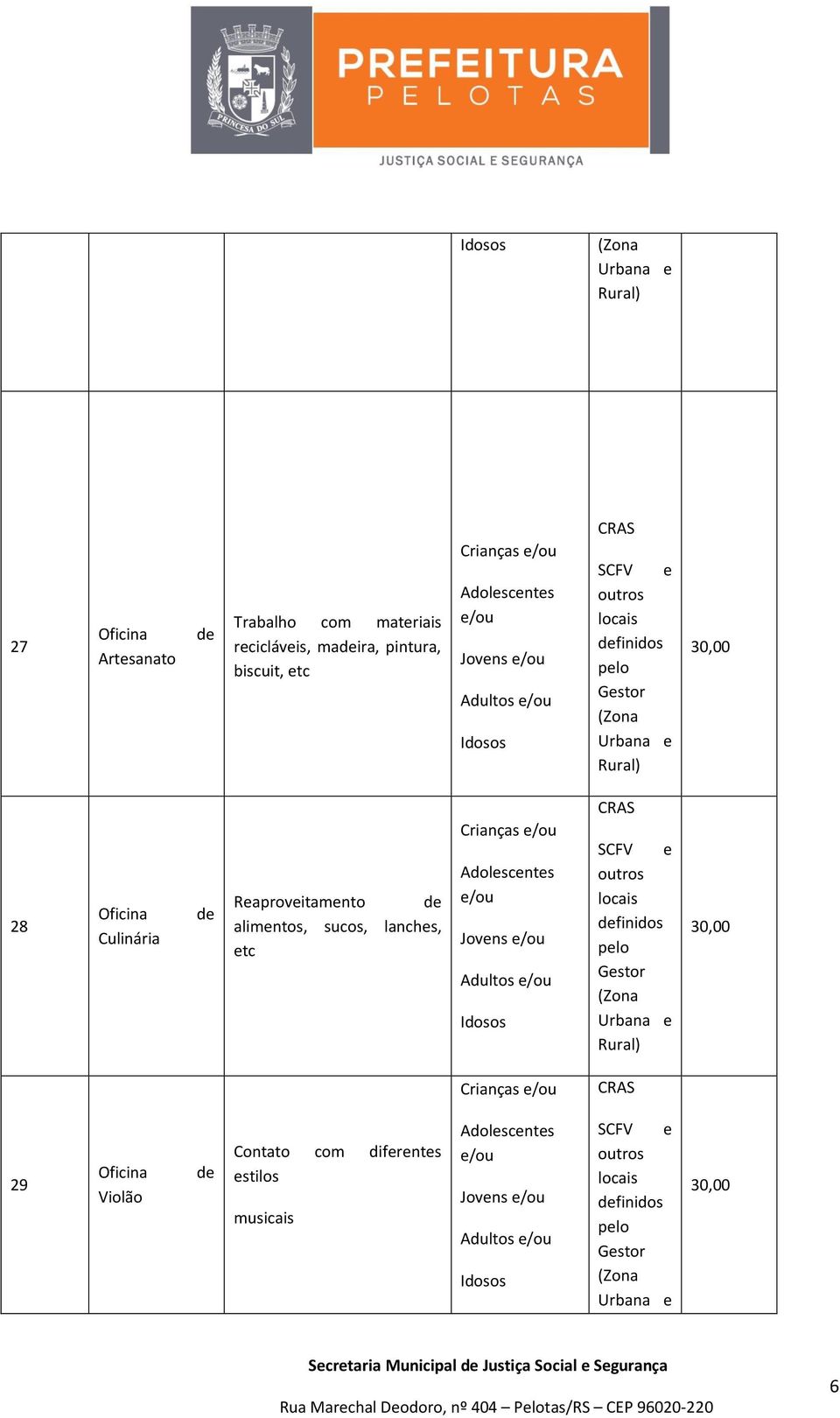 /ou SCFV dfinidos plo Gstor Urbana Crianças /ou 29 Oficina Violão d Contato com difrnts stilos musicais /ou Jovns /ou /ou