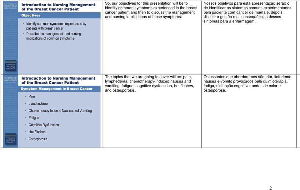 Nossos objetivos para esta apresentação serão o de identificar os sintomas comuns experimentados pela paciente com câncer de mama e, depois, discutir a gestão e as consequências desses sintomas para