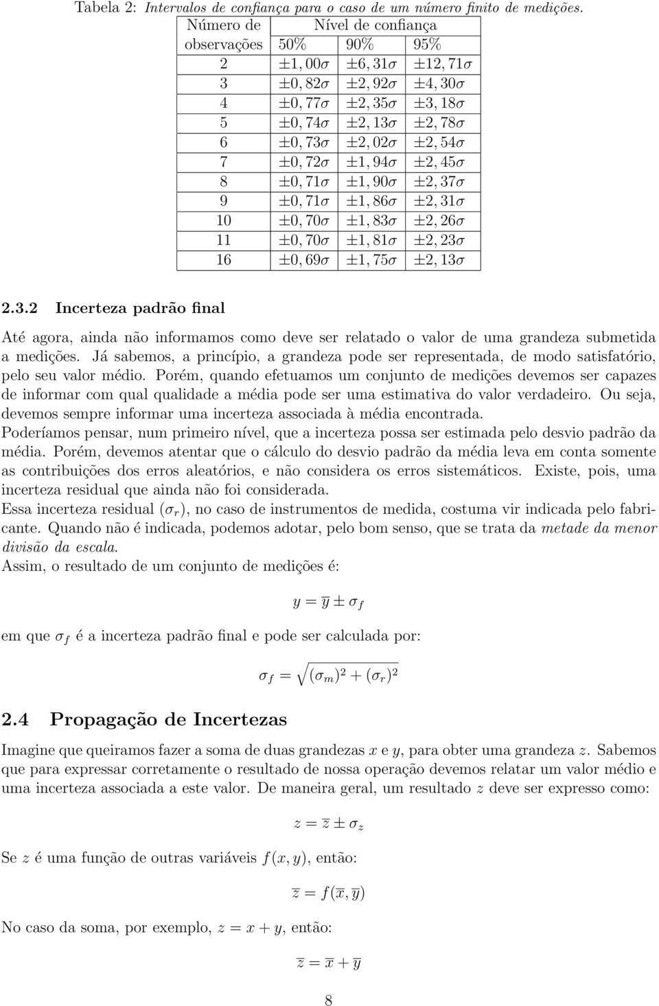 94σ ±2, 45σ 8 ±0, 71σ ±1, 90σ ±2, 37σ 9 ±0, 71σ ±1, 86σ ±2, 31σ 10 ±0, 70σ ±1, 83σ ±2, 26σ 11 ±0, 70σ ±1, 81σ ±2, 23σ 16 ±0, 69σ ±1, 75σ ±2, 13σ 2.3.2 Incerteza padrão final Até agora, ainda não informamos como deve ser relatado o valor de uma grandeza submetida a medições.