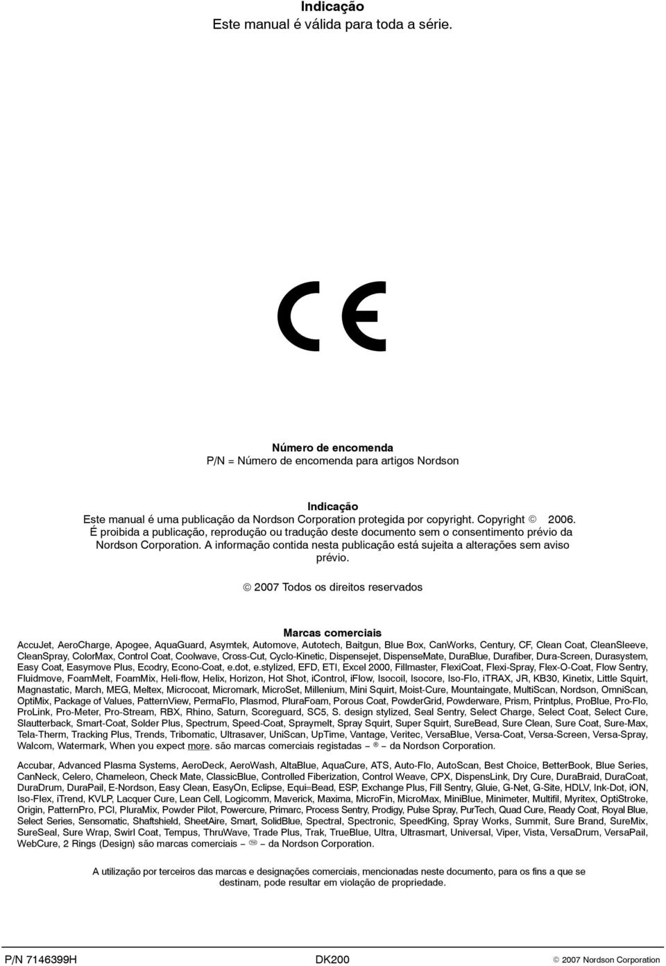 É proibida a publicação, reprodução ou tradução deste documento sem o consentimento prévio da Nordson Corporation. A informação contida nesta publicação está sujeita a alterações sem aviso prévio.