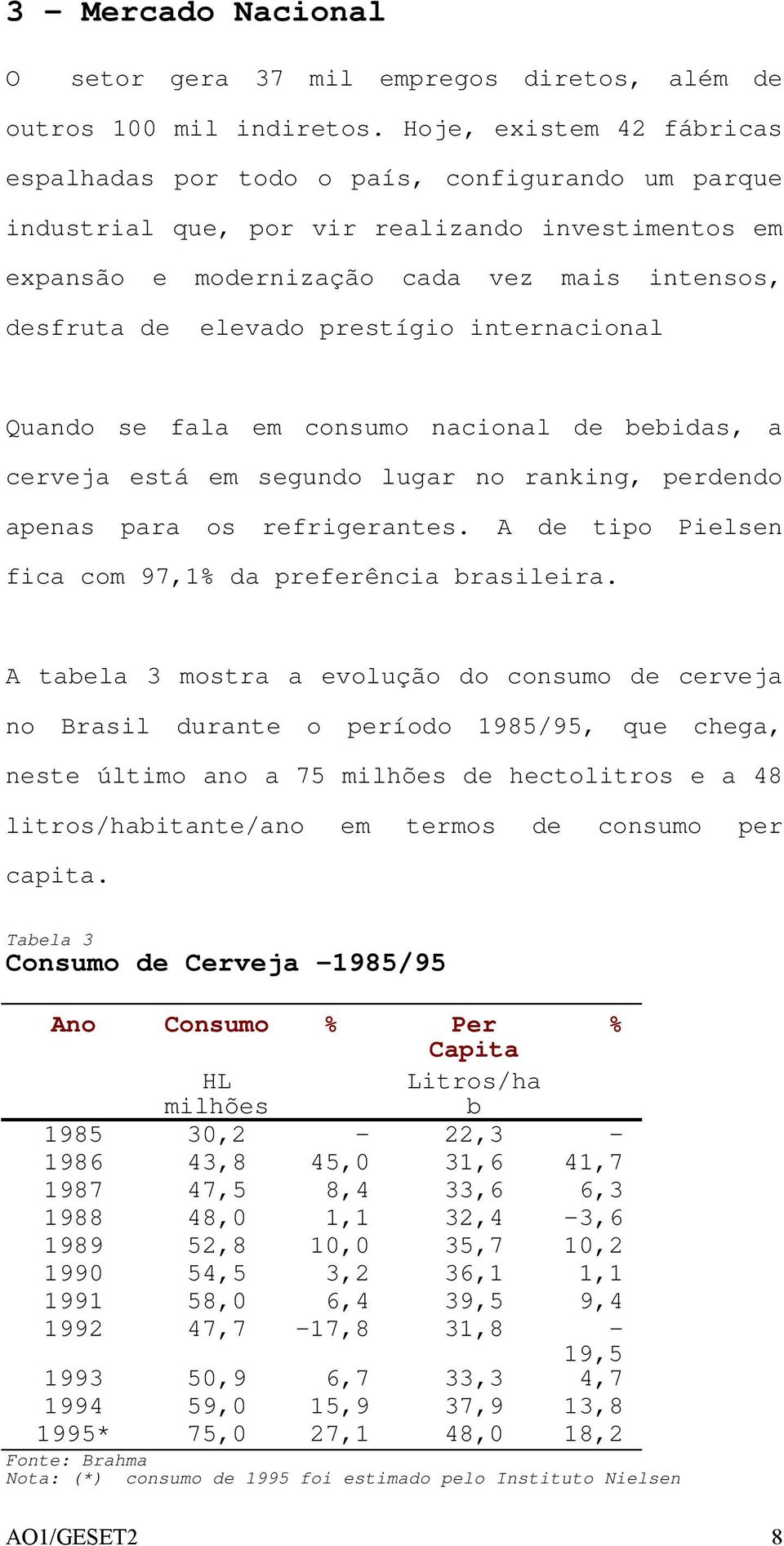 prestígio internacional Quando se fala em consumo nacional de bebidas, a cerveja está em segundo lugar no ranking, perdendo apenas para os refrigerantes.