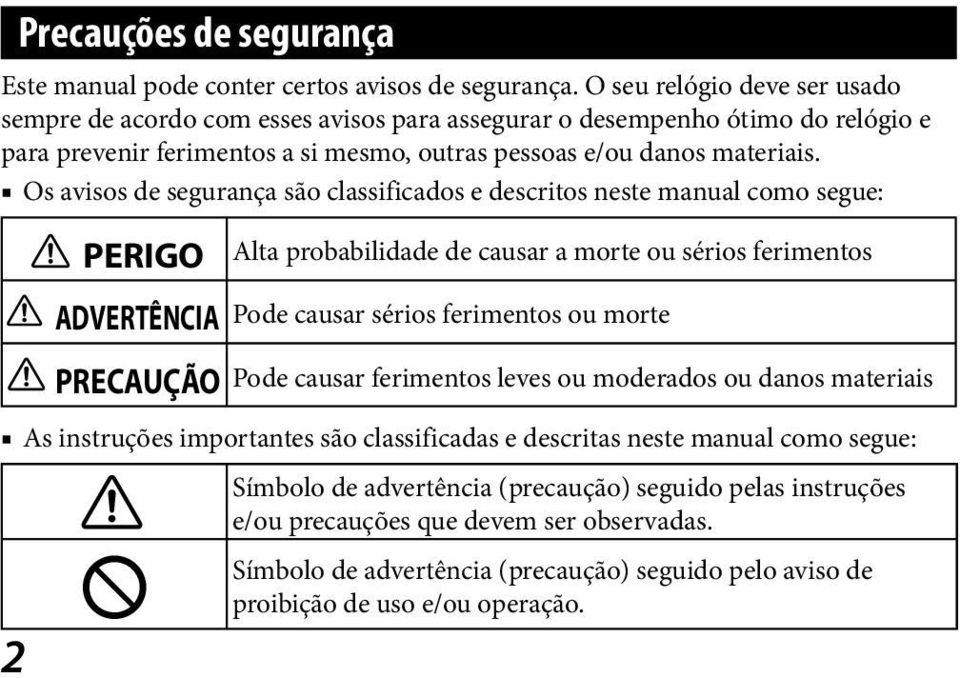 Os avisos de segurança são classificados e descritos neste manual como segue: 2 Precauções de segurança PERIGO Alta probabilidade de causar a morte ou sérios ferimentos ADVERTÊNCIA Pode causar sérios