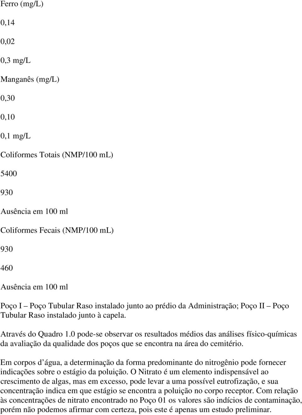 0 pode-se observar os resultados médios das análises físico-químicas da avaliação da qualidade dos poços que se encontra na área do cemitério.