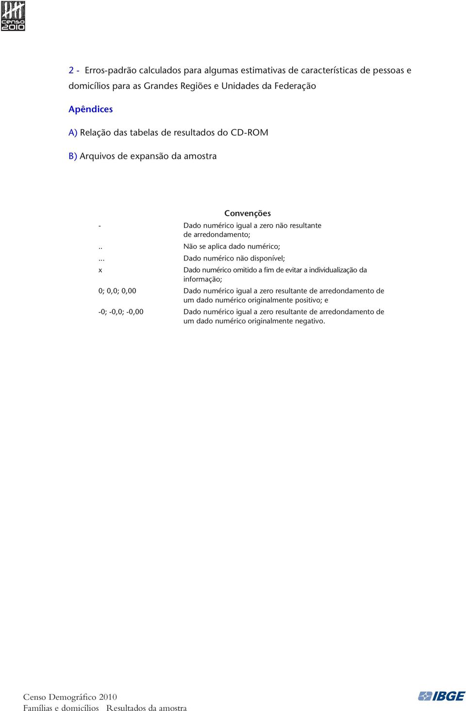 .. Dado numérico não disponível; x Dado numérico omitido a fim de evitar a individualização da informação; 0; 0,0; 0,00 Dado numérico igual a zero resultante de arredondamento de um dado