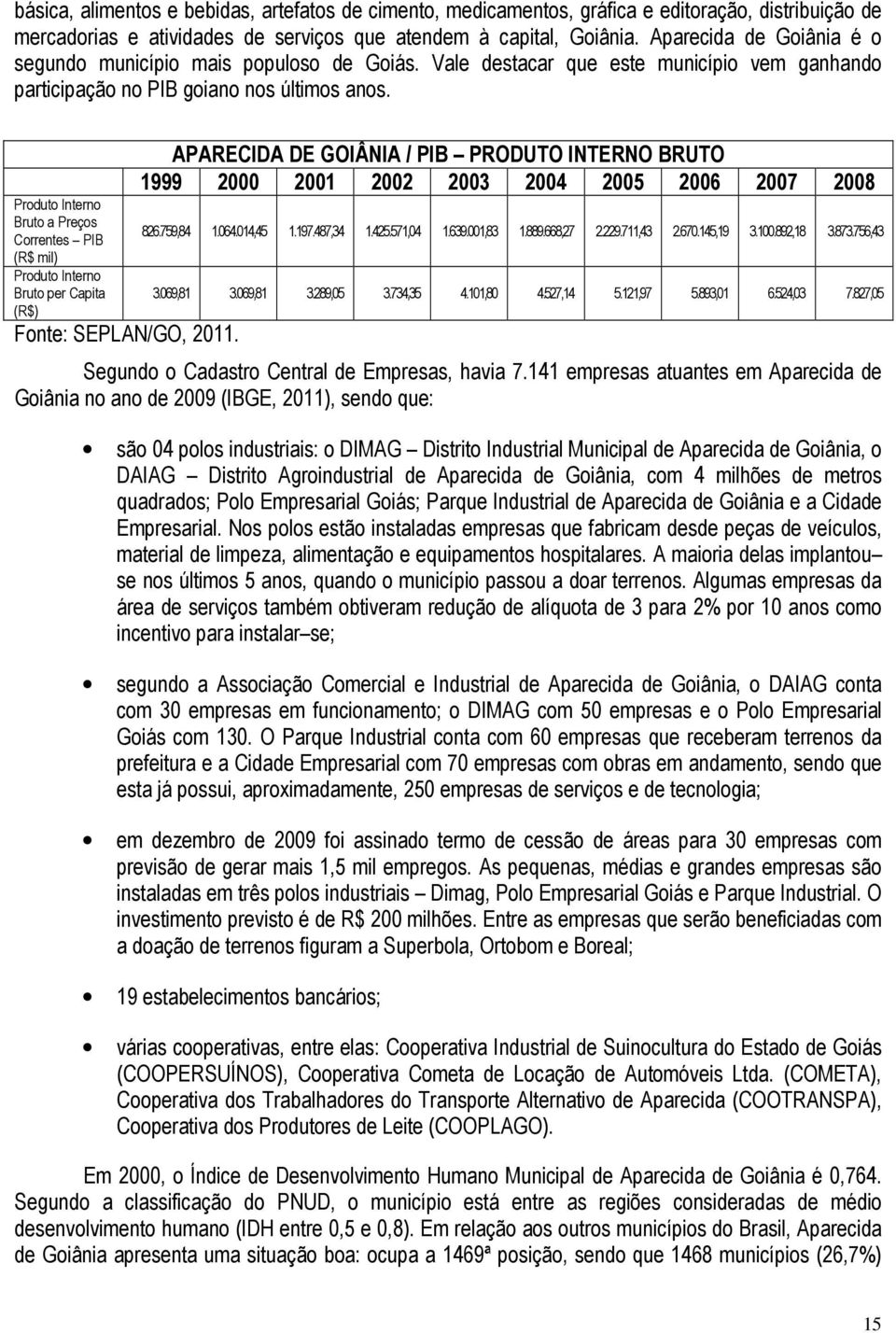 Produto Interno Bruto a Preços Correntes PIB (R$ mil) Produto Interno Bruto per Capita (R$) Fonte: SEPLAN/GO, 2011.