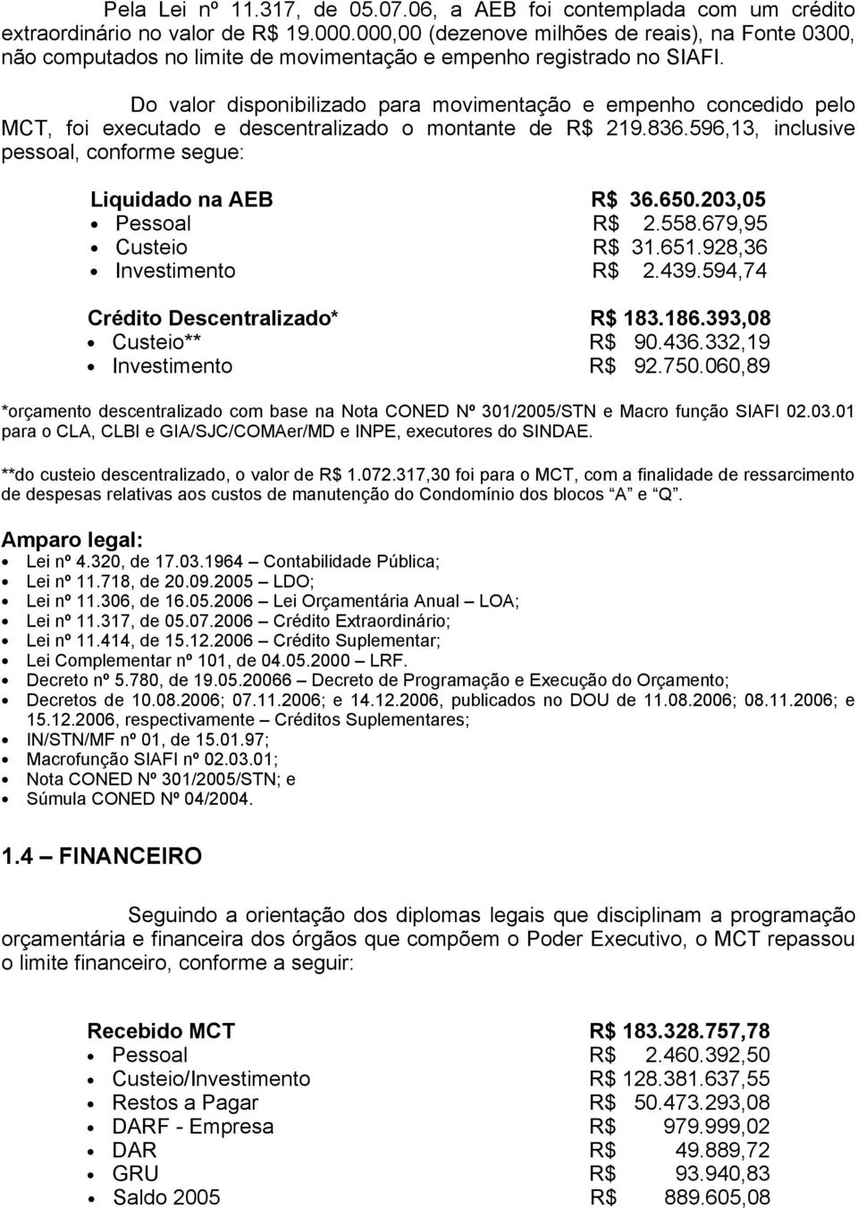 Do valor disponibilizado para movimentação e empenho concedido pelo MCT, foi executado e descentralizado o montante de R$ 219.836.596,13, inclusive pessoal, conforme segue: Liquidado na AEB R$ 36.650.