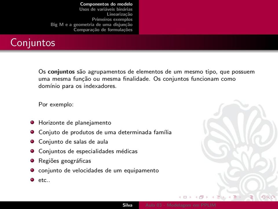 Por exemplo: Horizonte de planejamento Conjuto de produtos de uma determinada família Conjunto de salas