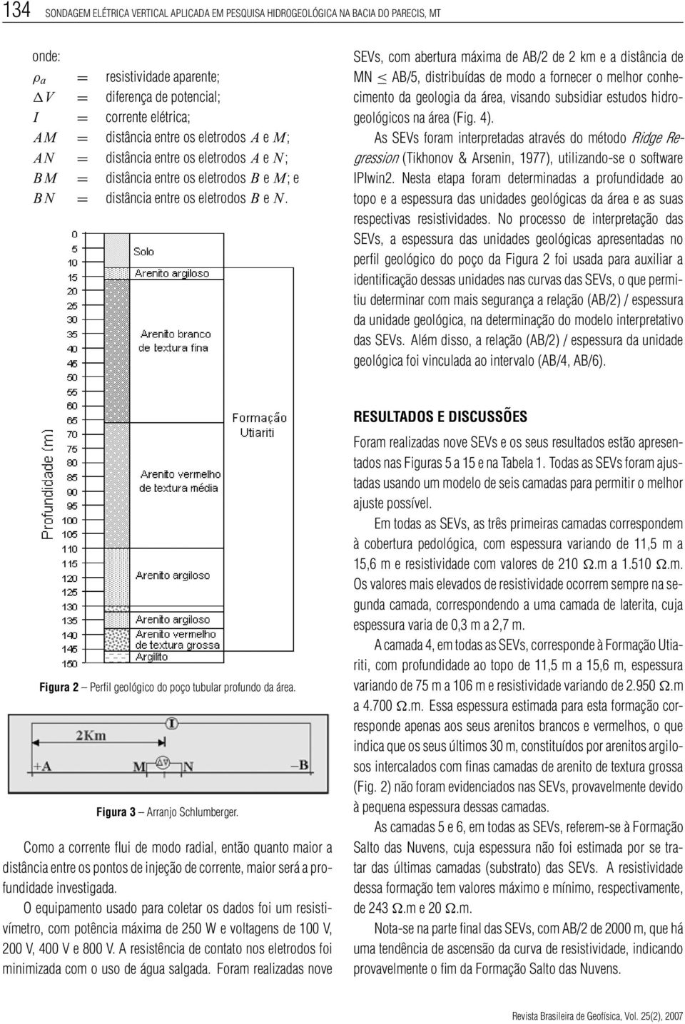 SEVs, com abertura máxima de AB/2 de 2 km e a distância de MN AB/5, distribuídas de modo a fornecer o melhor conhecimento da geologia da área, visando subsidiar estudos hidrogeológicos na área (Fig.