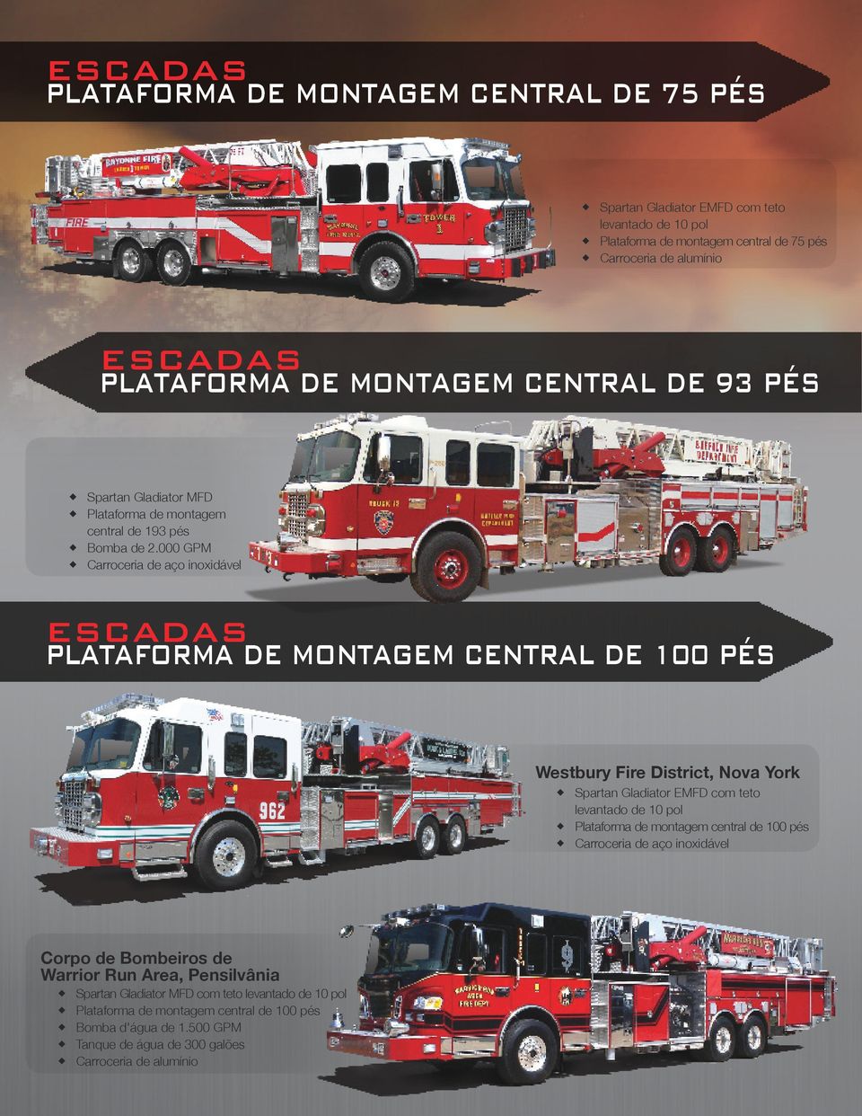 000 GPM Carroceria de aço inoxidável ESCADAS PLATAFORMA DE MONTAGEM CENTRAL DE 100 PÉS Westbury Fire District, Nova York Spartan Gladiator EMFD com teto levantado de 10 pol Plataforma de