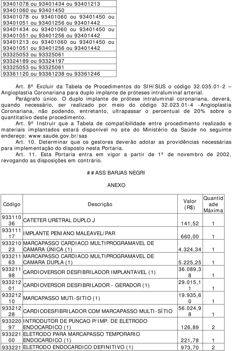 8º Excluir da Tabela de Procedimentos do SIH/SUS o código 32.035.01-2 Angioplastia Coronariana para duplo implante de próteses intraluminal arterial. Parágrafo único.