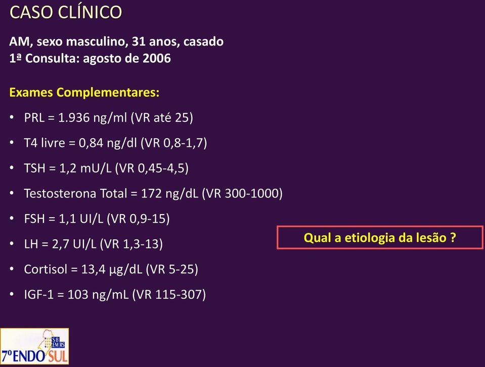 936 ng/ml (VR até 25) T4 livre = 0,84 ng/dl (VR 0,8-1,7) TSH = 1,2 mu/l (VR 0,45-4,5)