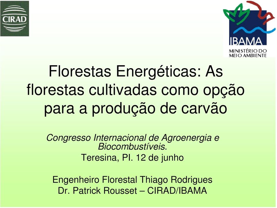 Agroenergia e Biocombustíveis. Teresina, PI.
