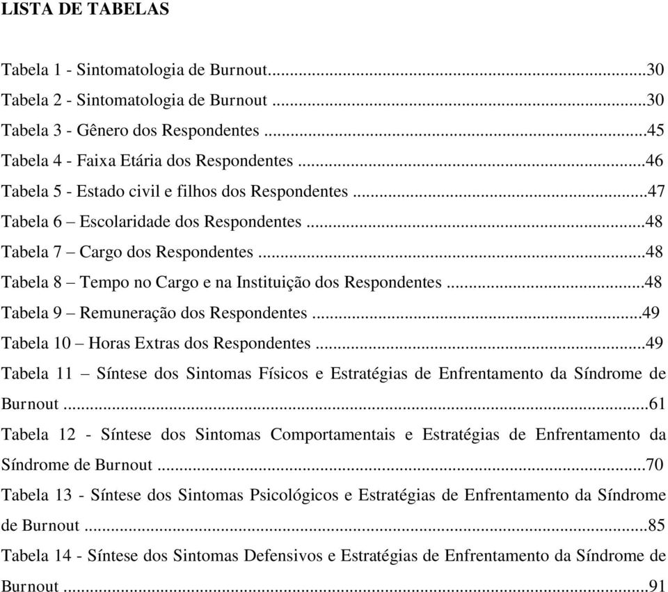 ..48 Tabela 9 Remuneração dos Respondentes...49 Tabela 10 Horas Extras dos Respondentes...49 Tabela 11 Síntese dos Sintomas Físicos e Estratégias de Enfrentamento da Síndrome de Burnout.