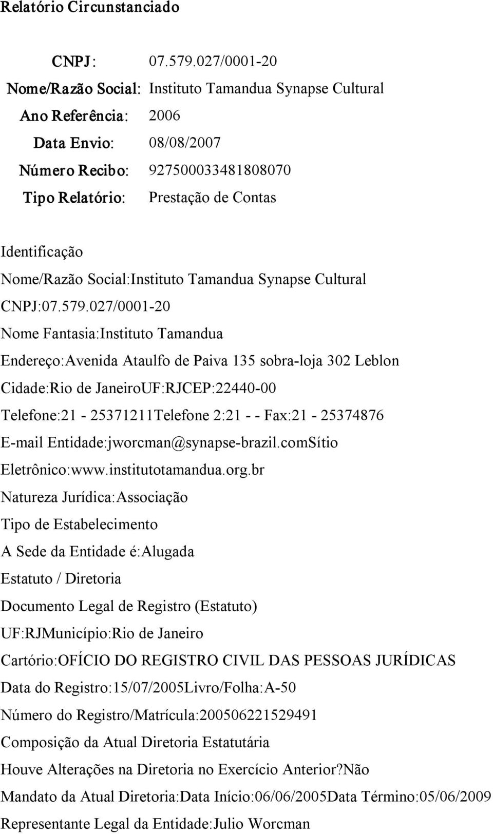 Nome/Razão Social:Instituto Tamandua Synapse Cultural CNPJ:07.579.