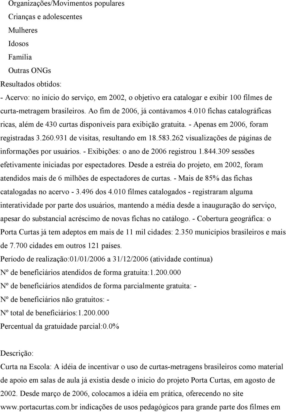 931 de visitas, resultando em 18.583.262 visualizações de páginas de informações por usuários. Exibições: o ano de 2006 registrou 1.844.309 sessões efetivamente iniciadas por espectadores.