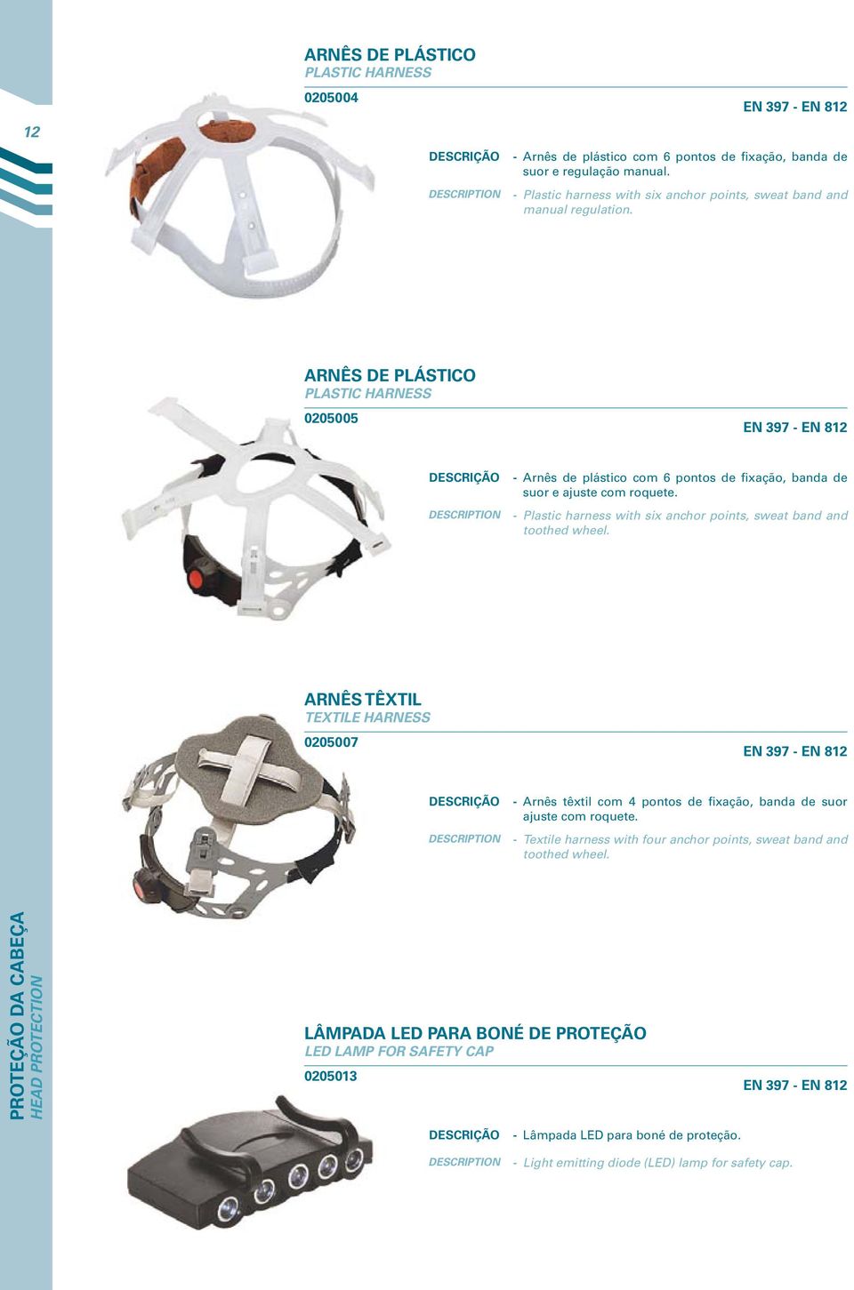 ARNÊS DE PLÁSTICO PLASTIC HARNESS 0205005 EN 397 - EN 812 Arnês de plástico com 6 pontos de fixação, banda de suor e ajuste com roquete.