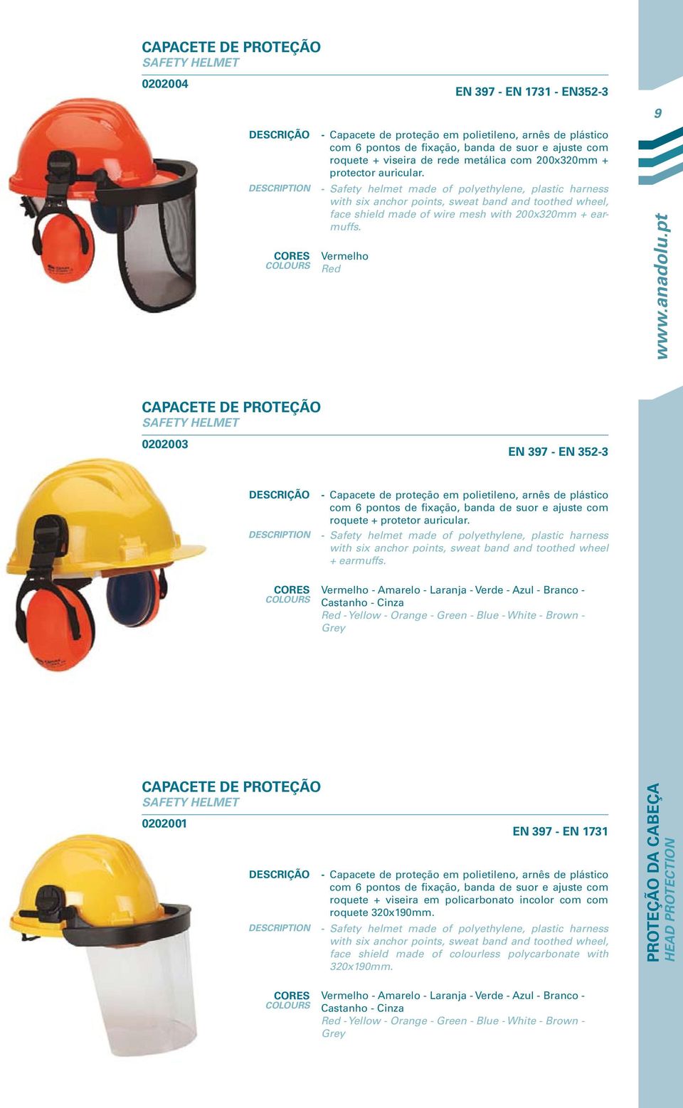 Safety helmet made of polyethylene, plastic harness with six anchor points, sweat band and toothed wheel, face shield made of wire mesh with 200x320mm + earmuffs. Vermelho Red www.anadolu.