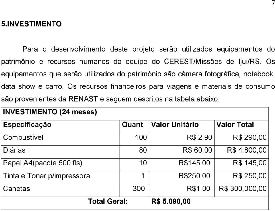 Os recursos financeiros para viagens e materiais de consumo são provenientes da RENAST e seguem descritos na tabela abaixo: INVESTIMENTO (24 meses) Especificação Quant