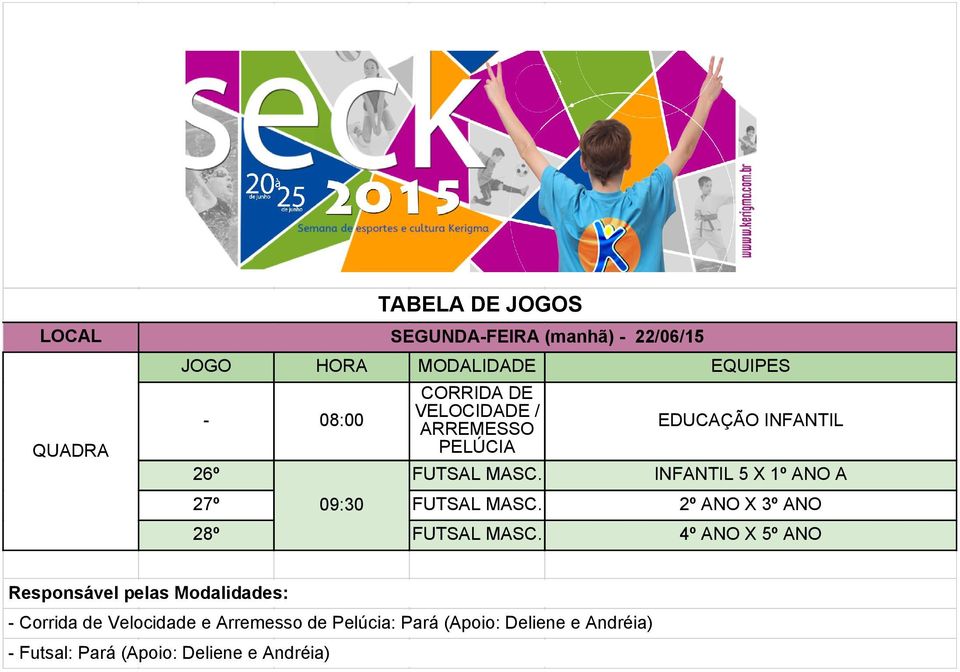 28º FUTSAL 4º ANO X 5º ANO Responsável pelas Modalidades: - Corrida de Velocidade e