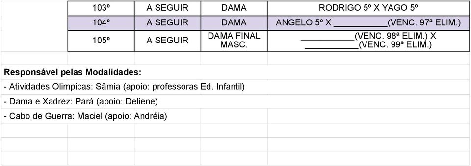 ) Responsável pelas Modalidades: - Atividades Olimpicas: Sâmia (apoio: