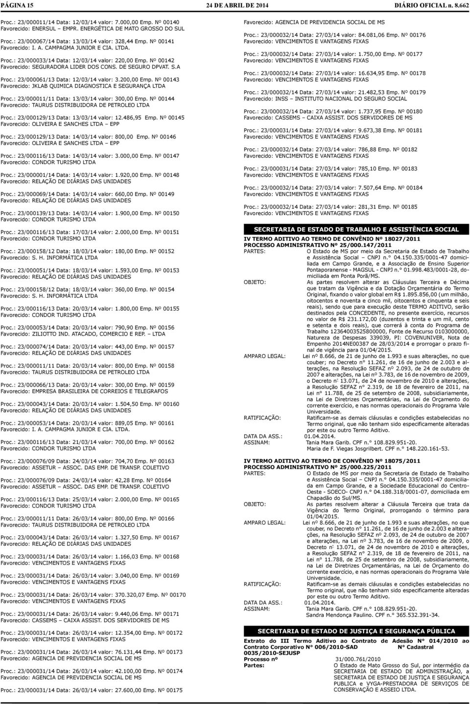 : 23/000061/13 Dt: 12/03/14 vlor: 3.200,00 Emp. Nº 00143 Fvorecido: JKLAB QUIMICA DIAGNOSTICA E SEGURANÇA LTDA Proc.: 23/000011/11 Dt: 13/03/14 vlor: 300,00 Emp.