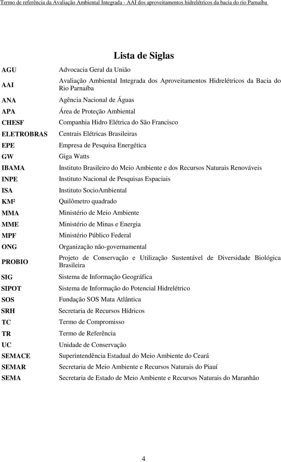 Pesquisa Energética Giga Watts Instituto Brasileiro do Meio Ambiente e dos Recursos Naturais Renováveis Instituto Nacional de Pesquisas Espaciais Instituto SocioAmbiental Quilômetro quadrado