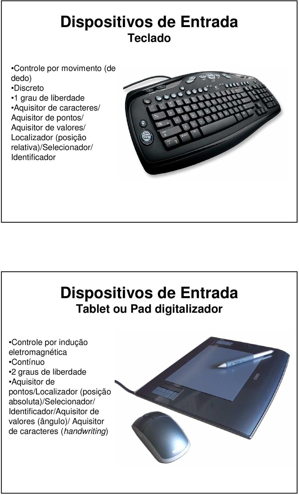 Entrada Tablet ou Pad digitalizador Controle por indução eletromagnética Contínuo 2 graus de liberdade Aquisitor de